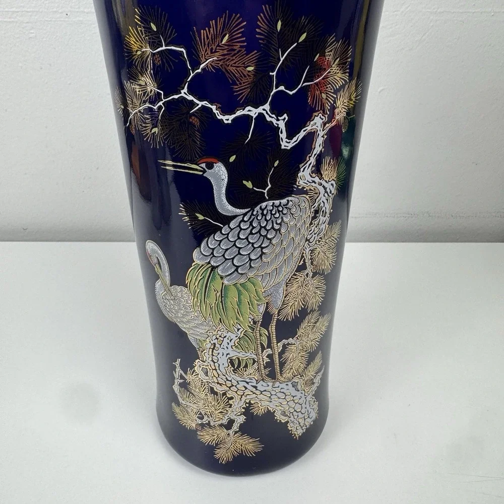 Vtg‎ 1960s Cobalt Blue Japanese Crane Vase Gold Trim Porcelain Japan 11